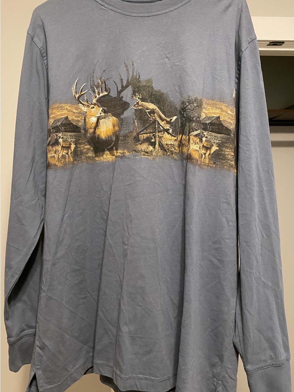 Men's Long-Sleeve Graphic Tee in Slate Blue with Deer Scene